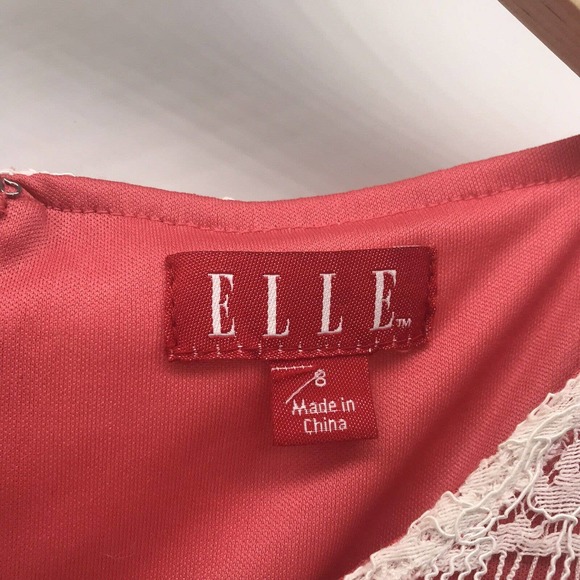 Elle Dress Womens 8 Coral Ivory Lace Overlay Fit & Flare Sleeveless Lined Ribbon - Picture 5 of 7